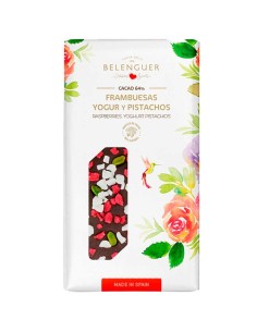 Chocolate negro con frambuesas, yogur y pistachos